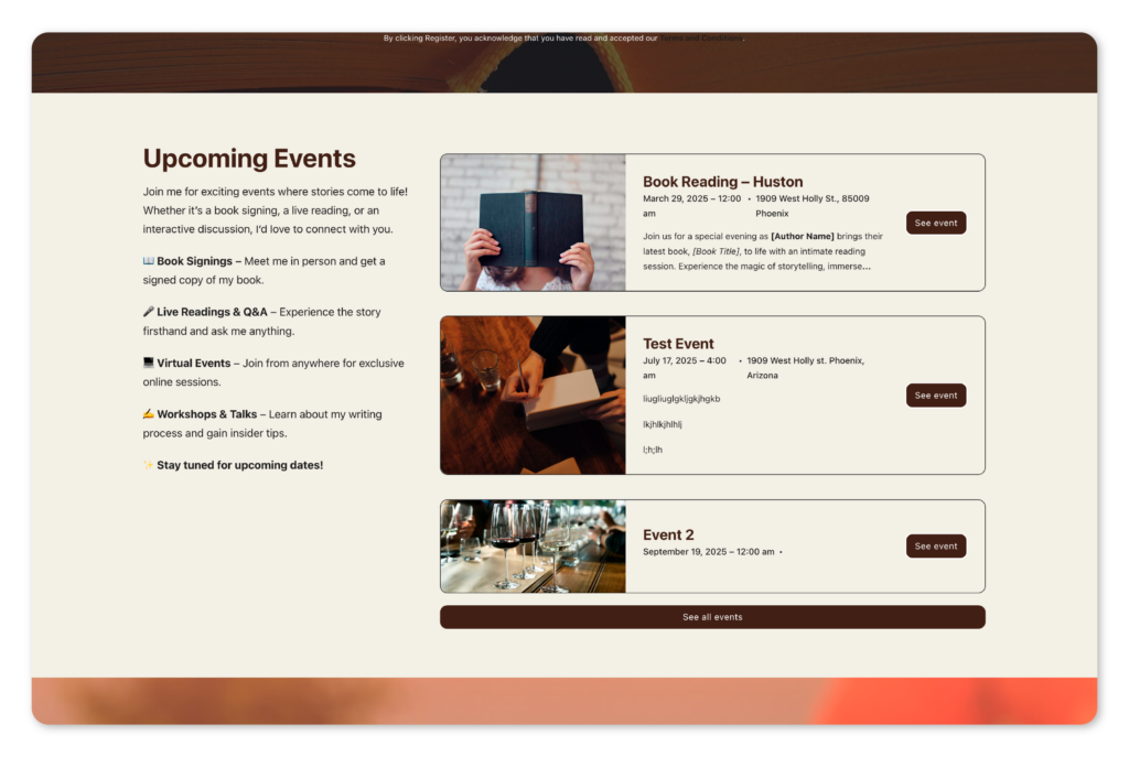 events page for authors - author website checklist